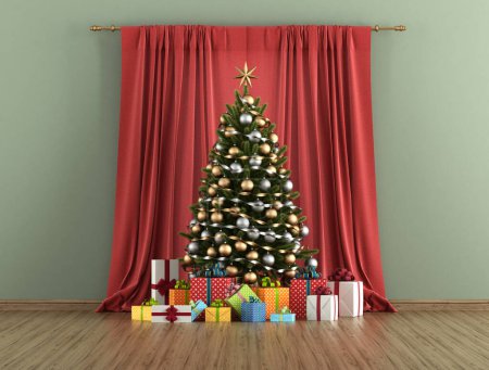 Photo for Christmas tree with gif box in front of a red curtain in a green room - 3d rendering - Royalty Free Image