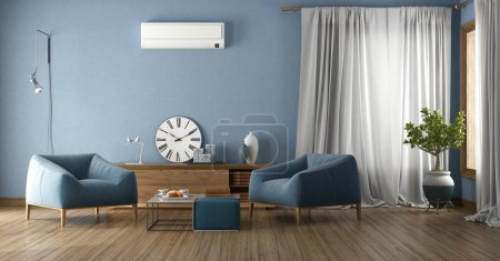 Photo for Blue living room with armchairs , sideboard and air conditioner - 3d rendering - Royalty Free Image
