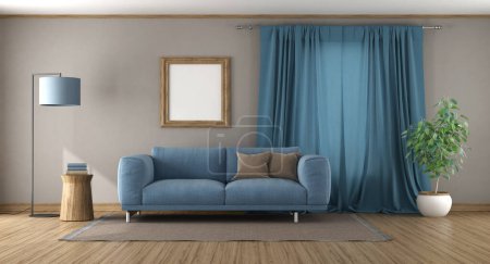 Photo for Modern living room with blue sofa in front a curtain - 3d rendering - Royalty Free Image