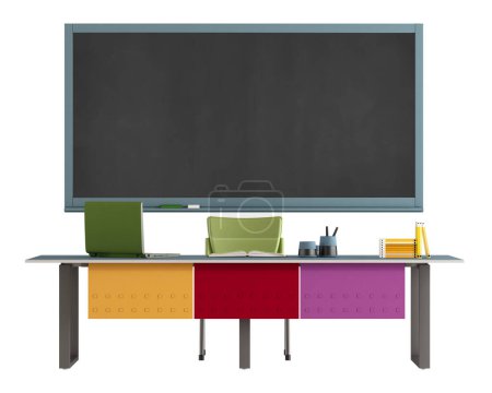Photo for Colorful teacher's desk with laptop and blackboard isolated on white - 3d rendering - Royalty Free Image