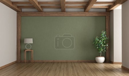 Photo for Empty green room with table lamp ,houseplant and wooden ceiling - 3d rendering - Royalty Free Image