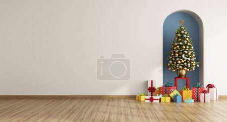 Photo for White living room with Christmas tree and gift in a blue niche - 3d rendering - Royalty Free Image