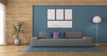 Photo for Modern living room with large sofa against blue wall and wood paneling - 3d rendering - Royalty Free Image