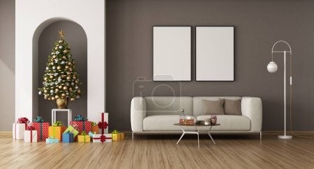 Photo for White and brown living room with Christmas tree with gifts in a niche and modern sofa - 3d rendering - Royalty Free Image