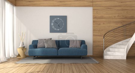 Photo for Modern living room with blue sofa .white stair and wood paneling - 3d rendering - Royalty Free Image