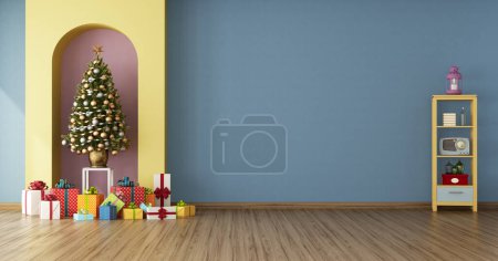 Photo for Colorful living room with Christmas tree in a niche with gifts and small bookshelf - 3d rendering - Royalty Free Image