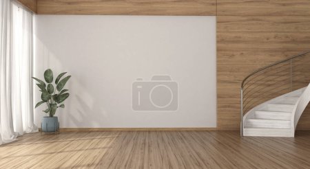 Photo for Minimalist white living room with stair and wood paneling - 3d rendering - Royalty Free Image