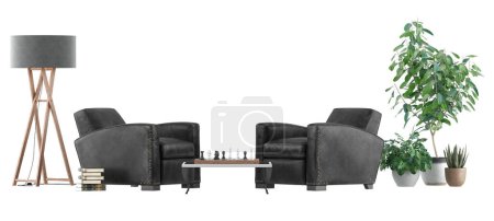 Photo for Black furniture set with leather retro armchairs and side table with chess board isolated on white background- 3d rendering - Royalty Free Image