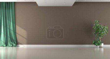 Photo for Empty brown room with green curtain, white ceiling with spotlight and houseplant .3d rendering - Royalty Free Image