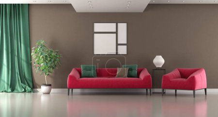 Photo for Living room with brown wall with red sofa ,armchair and green curtain - 3d rendering - Royalty Free Image