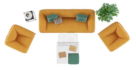 Photo for High angle view of a Living room set with orange sofa and armchair on white background - 3d rendering - Royalty Free Image