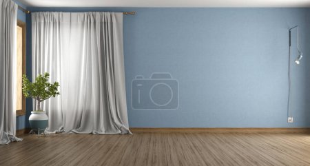 Photo for Empty blue room with curtain , hardwood floor houseplant and wall lamp - 3d rendering - Royalty Free Image