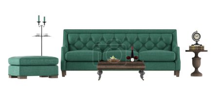 Photo for Green leather sofa ,wooden coffee table and footstool isolated on white background-3d rendering - Royalty Free Image
