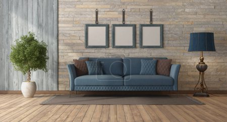 Photo for Classic style living room with blue sofa , stone wall and wood paneling - Royalty Free Image