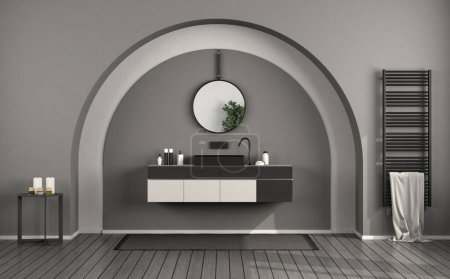 Photo for Black and white modern bathroom with sink on cabinet and radiator with towel - 3d rendering - Royalty Free Image