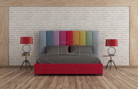 Photo for Colorful modern bedroom in room with white brick wall and hardwood floor - 3d rendering - Royalty Free Image