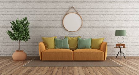 Photo for Modern sofa in room with white brick wall, houseplant and table lamp on side table - 3d rendering - Royalty Free Image