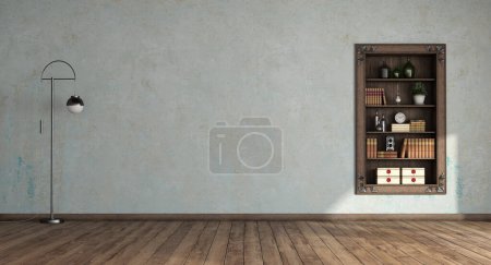 Photo for Empty old room with wooden bookcase in a niche, hardwood floor and modern floor lamp - 3d rendering - Royalty Free Image