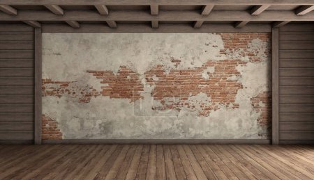 Photo for Old empty room with brick wall wooden ceiling and hardwood floor - 3d rendering - Royalty Free Image