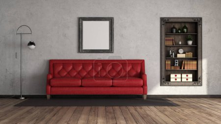 Photo for Red leather sofa in an old room with wooden bookcase in a niche - 3d rendering - Royalty Free Image