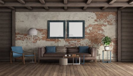 Photo for Old living room with brick wall and modern sofa, armchair and floor lamp - 3d rendering - Royalty Free Image