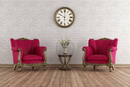 Photo for Old room with brick wall with luxury classic style armchairs on hardwood floor - 3d rendering - Royalty Free Image