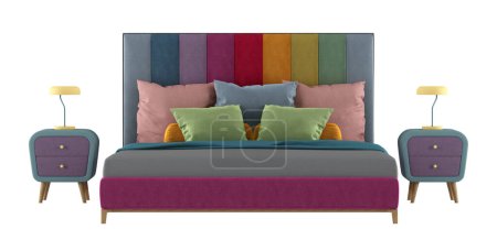 Photo for Double bed with colorful headboard and nightstand isolated on white background - 3d rendering - Royalty Free Image
