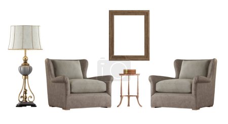 Photo for Classic style leather armchair, side table ,floor lamp and picture frame isolated on white background - 3d rendering - Royalty Free Image