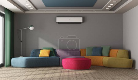 Photo for Large multicolored sofa in a modern room with gray wall, floor lamp , air conditioner and ceiling with spotlight - 3d rendering - Royalty Free Image
