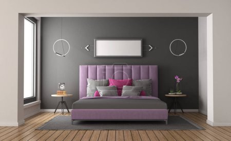 Photo for Modern bedroom with purple elegant double bed and gray wall-3d rendering - Royalty Free Image
