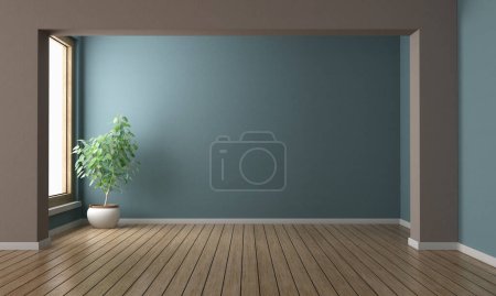 Photo for Empty room with brown and blue wall, houseplant and window - 3d rendering - Royalty Free Image