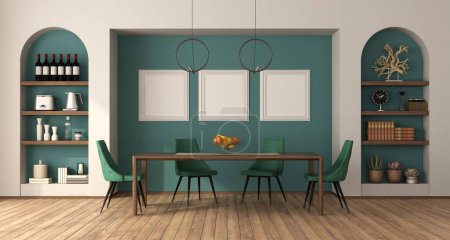 Photo for Dining room with wooden table , green leather chairs two niches with decor objects on a green wall - 3d rendering - Royalty Free Image