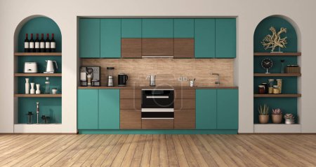 Photo for Modern green and wooden kitchen with two niches with household objects and hardwood floor - 3d rendering - Royalty Free Image