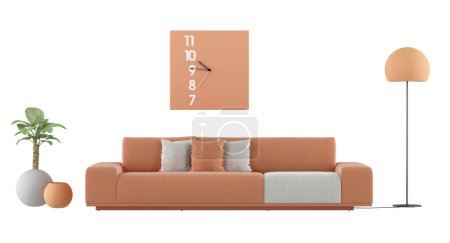 Photo for Living room set in trend peach fuzz color year 2024, with floor lamp, houseplant ,clock and houseplant-3d rendering - Royalty Free Image