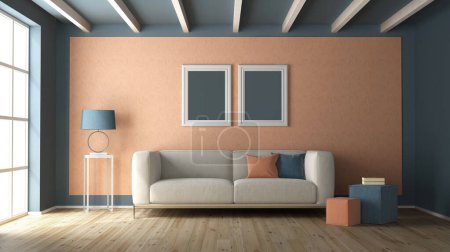 Photo for Minimalist living room with sofa, table lamp, frame with blue walls and fuzz peach color in the background - 3d rendering - Royalty Free Image