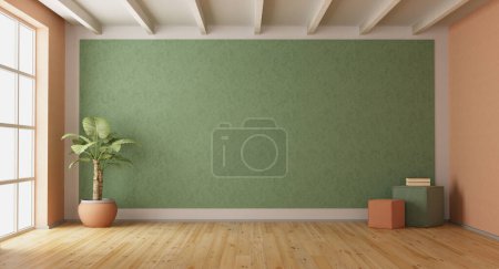 Photo for Empty room with with green and peach fuzz walls, houseplant and wooden floor - 3d rendering - Royalty Free Image