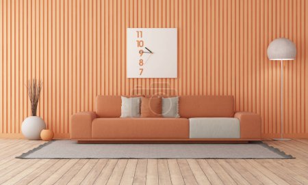 Photo for Peach fuzz trend color year 2024 , with minimalist sofa, clock and floor lamp - 3d rendering - Royalty Free Image
