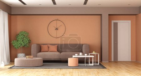 Photo for Brown and peach fuzz modern living room, with sofa, coffee table and door- 3d rendering - Royalty Free Image