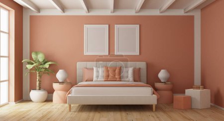 Photo for Modern bedroom in Peach fuzz trend color year 2024 -3d rendering - Royalty Free Image