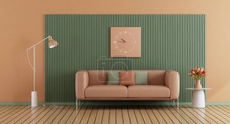 Photo for Living room in trend peach fuzz color year 2024 , green paneling and leather sofa-3d rendering - Royalty Free Image