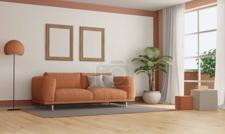 Photo for Peach fuzz trend color year 2024 , with elegant sofa, floor lamp, houseplant and window - 3d rendering - Royalty Free Image