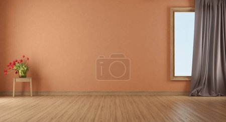 Cozy interior scene with an elegant curtain and red flowers on a wooden table- 3d rendering