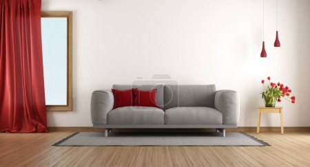 Photo for Cozy and stylish living room with gray sofa, red accents, and hardwood floor- 3d rendering - Royalty Free Image
