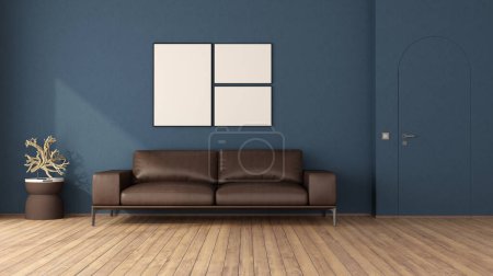 Blue living room with leather sofa , frameless door and hardwood floor- 3d rendering