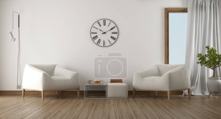 Photo for Stylish living room setup featuring two cozy white armchairs, a wall clock, and natural light - 3d rendering - Royalty Free Image