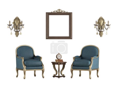 Photo for Classic armchairs, ornamental lamps, and blank picture frame for mockup isolated on white - 3d rendering - Royalty Free Image