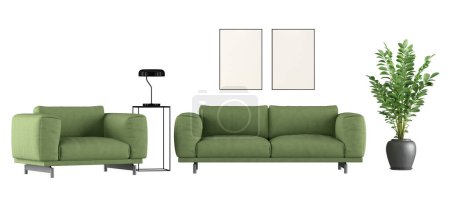 Elegant green sofa and armchair with decor elements, isolated on a white background- 3D rendering