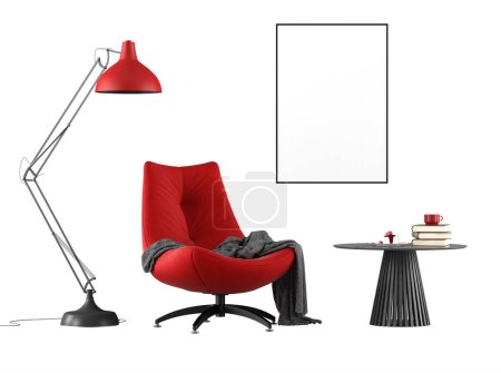 Reading corner with red armchair floor lamp and side table isolated on white background - 3d rendering
