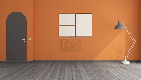 Empty room with orange walls , arched frameless door, blank picture frame and floor lamp - 3d rendering