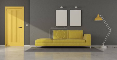 Photo for Stylish living space featuring a yellow sofa, blank frames for artwork, minimalist decor and closed door - 3d rendering - Royalty Free Image